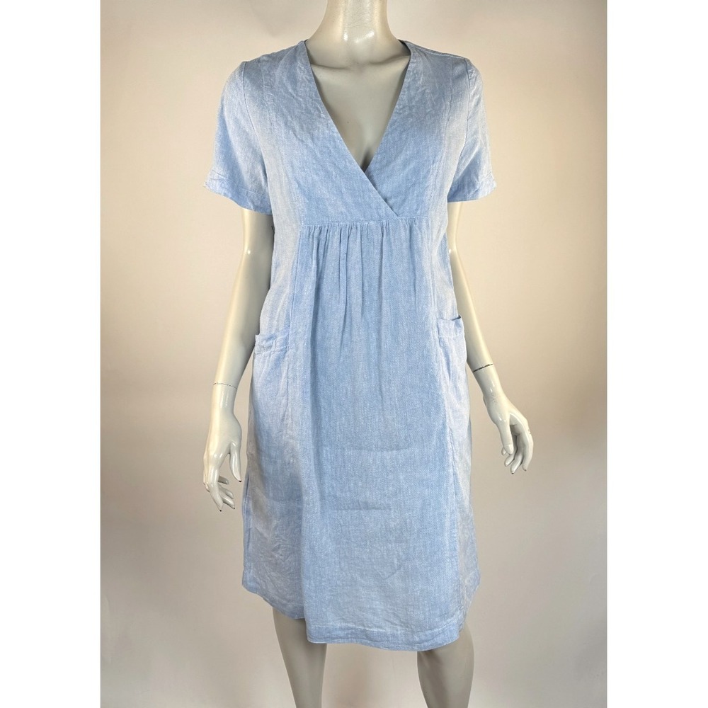 White Label Shift Linen Dress Women 6 Pockets Short Sleeve V-neck Washable Blue